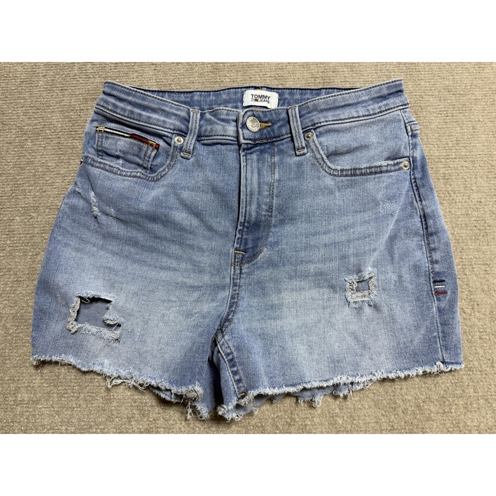 Tommy‎ Jeans Shorts Womens 4 Blue High Rise Distressed Denim Frayed Hem Summer